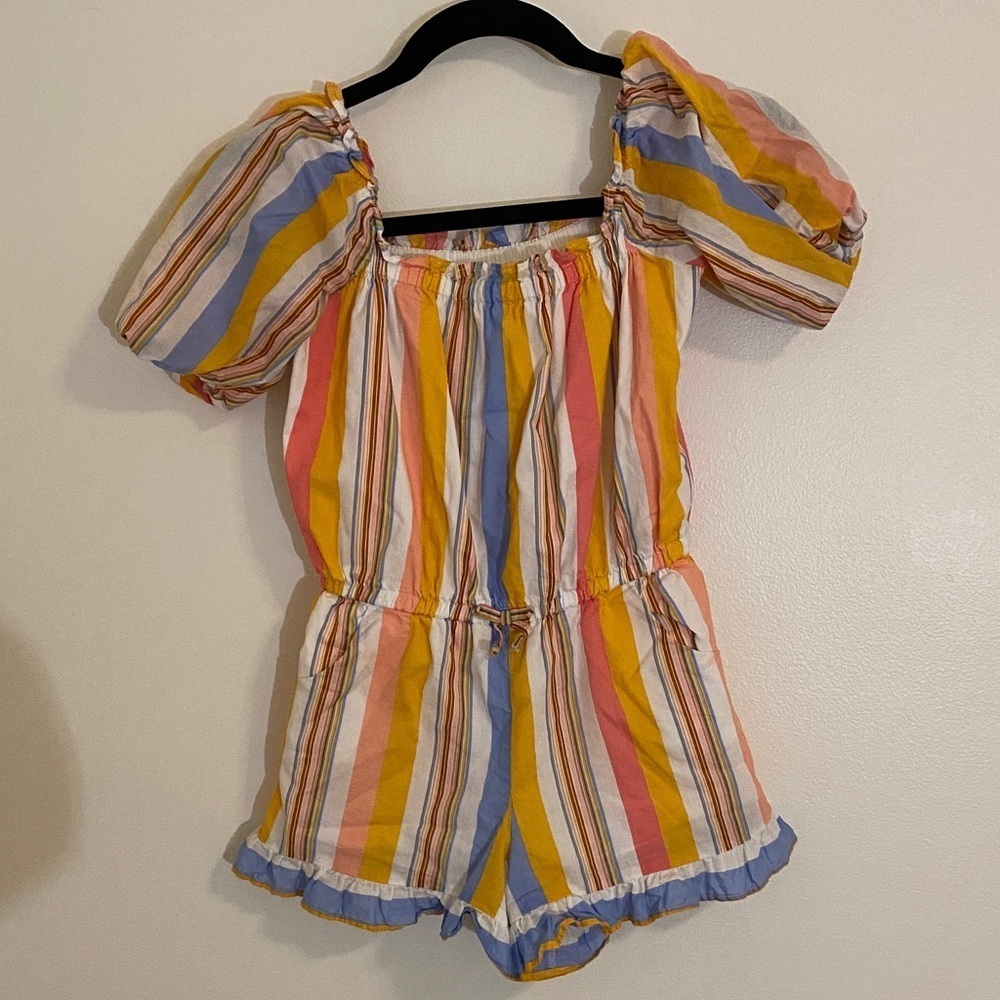 Janie and Jack Girls Size 8 Colorful Cotton Striped Ruffle Bubble Sleeve Romper